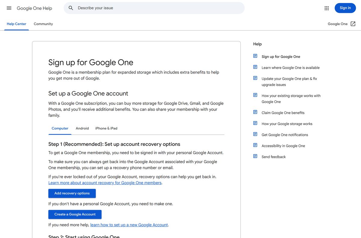 Google help page with Google One sign-up steps for computers
