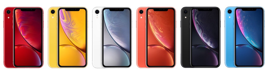 Six iPhone XR handsets in red, yellow, white, coral, black and blue