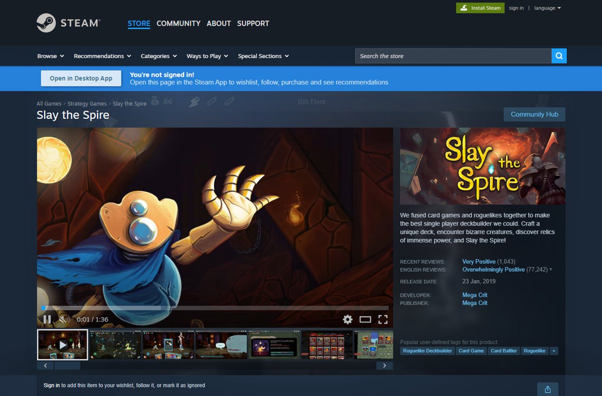 Slay the Spire Steam store page with card game key art