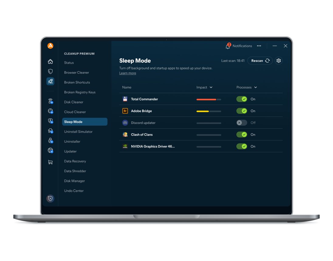 Sleep Mode list of background apps, each with an impact bar and On/Off switch