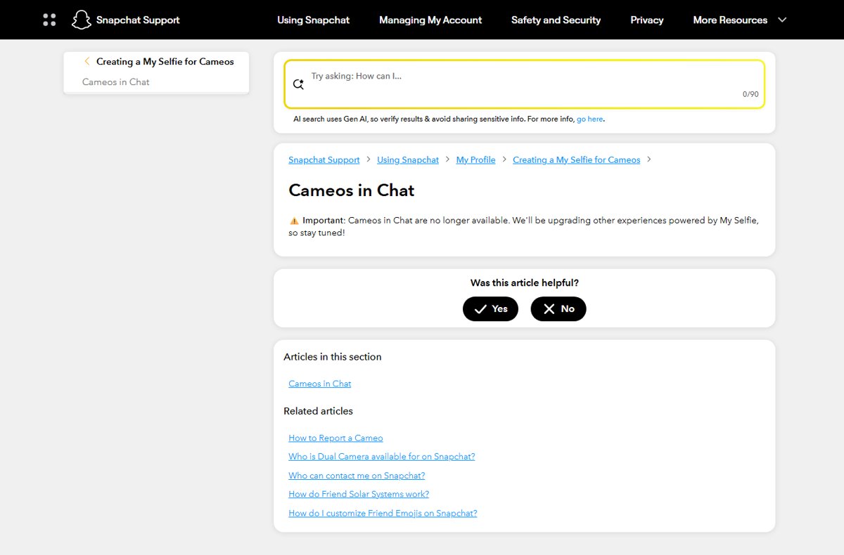 Snapchat Support Cameos in Chat page with no longer available notice