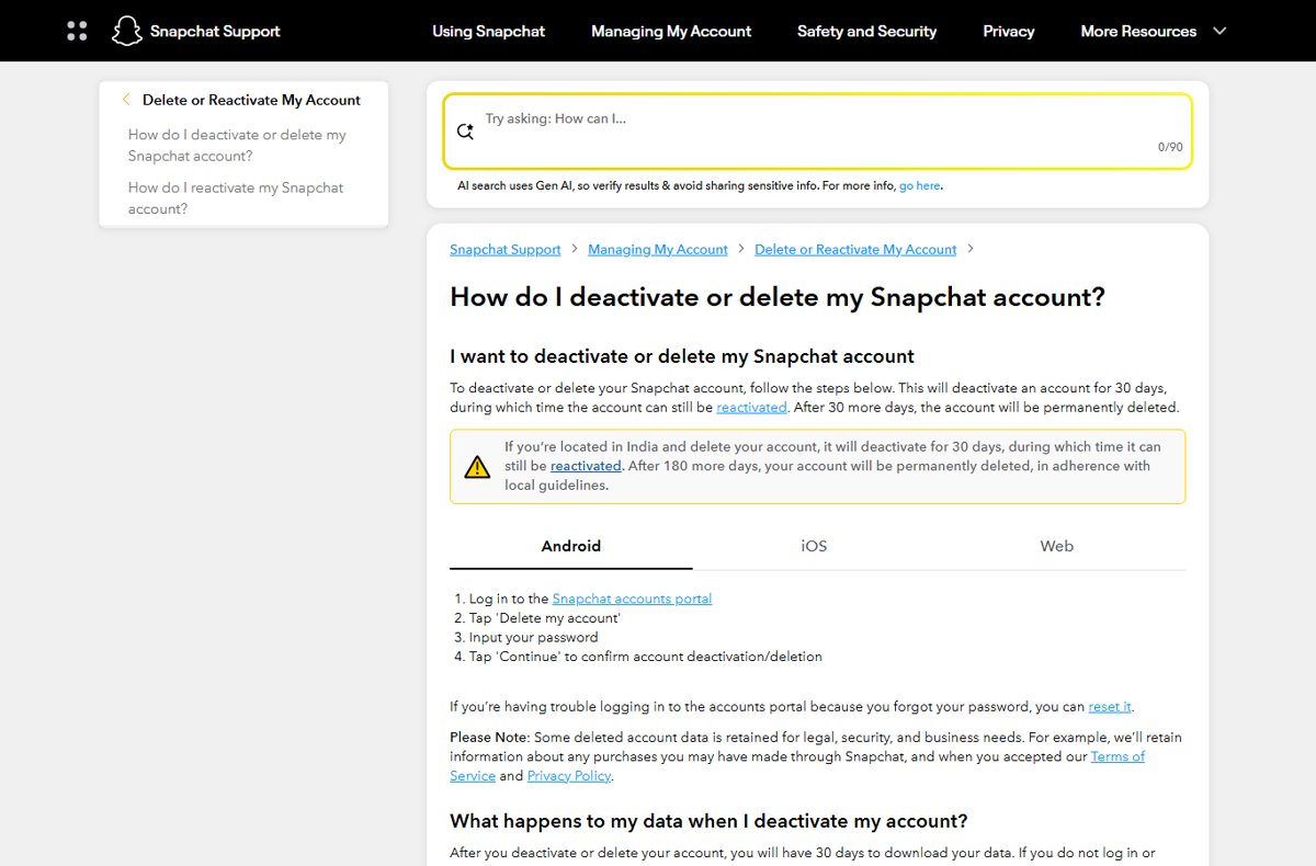 Snapchat Support page with steps to deactivate or delete an account