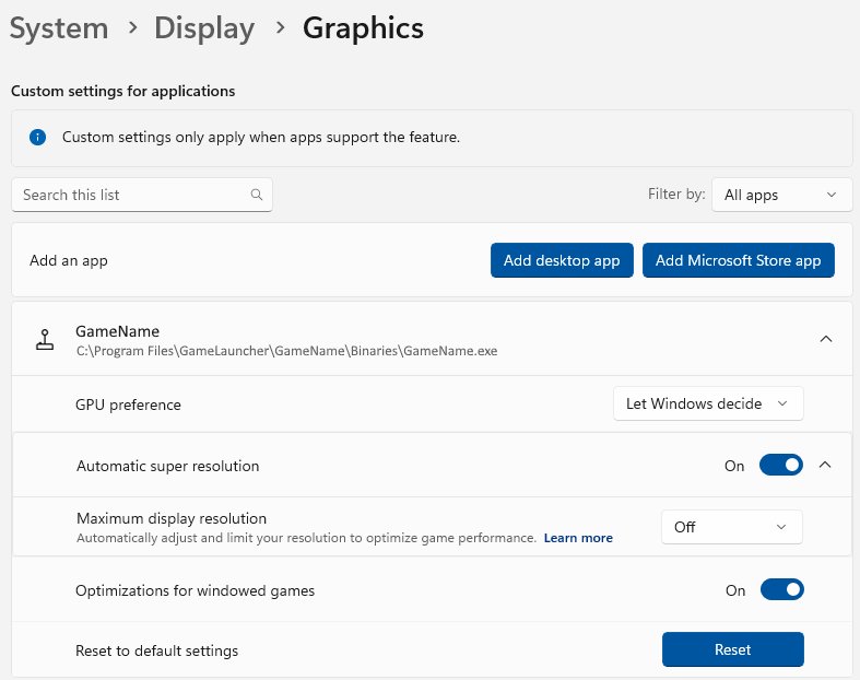 Snapdragon X gaming Auto SR toggle in Windows 11 Graphics custom app settings