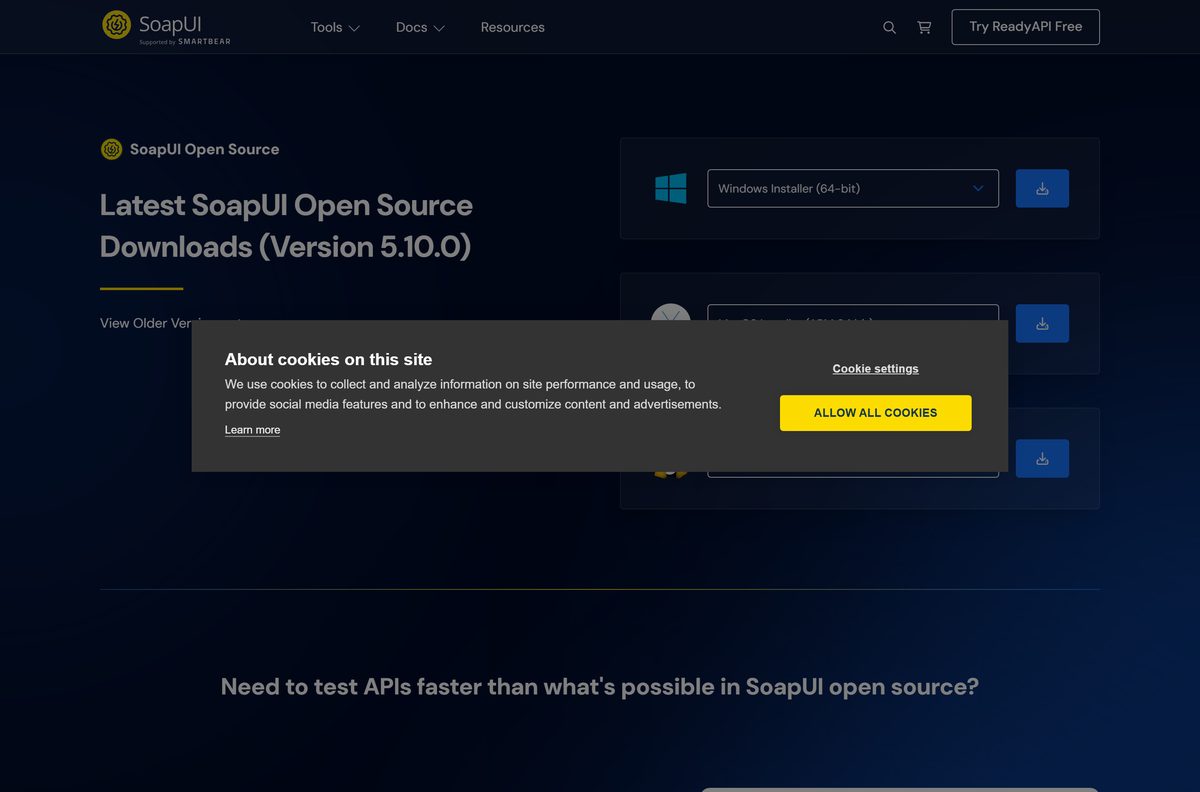Official SoapUI Latest Releases page with Windows, Mac and Linux installers