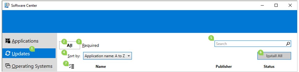 Software Center Updates tab showing All, Required, Sort by and Install All