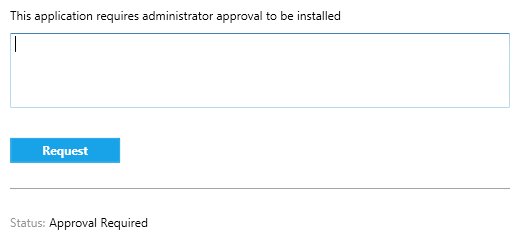Software Center app details asking for administrator approval with a Request button