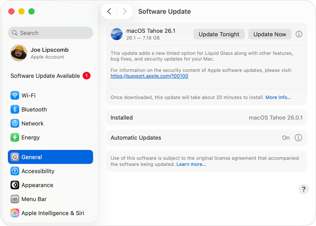 Software Update in System Settings offering macOS Tahoe 26.1 with Update Now