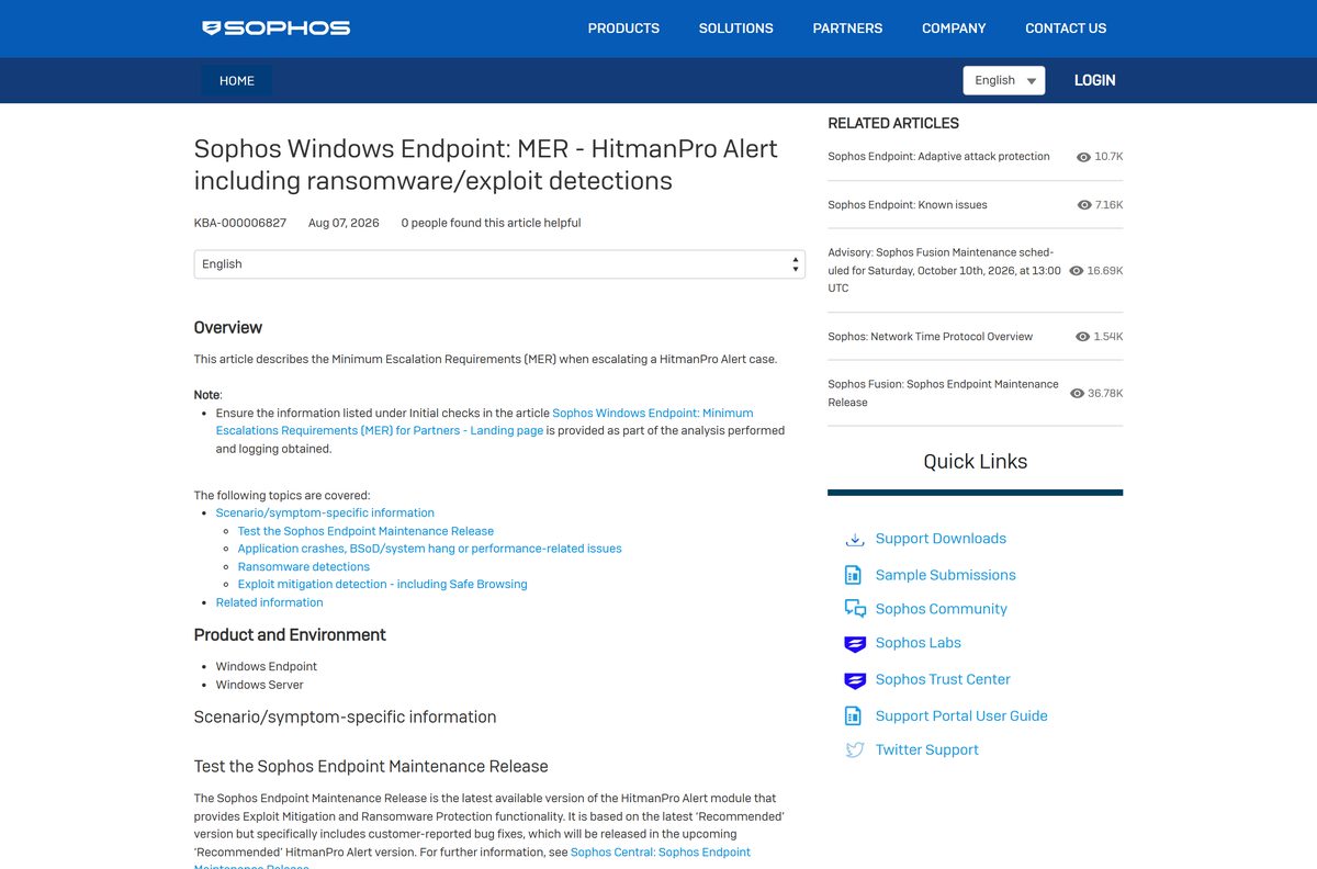 Sophos knowledge base article about HitmanPro.Alert ransomware and exploit detections