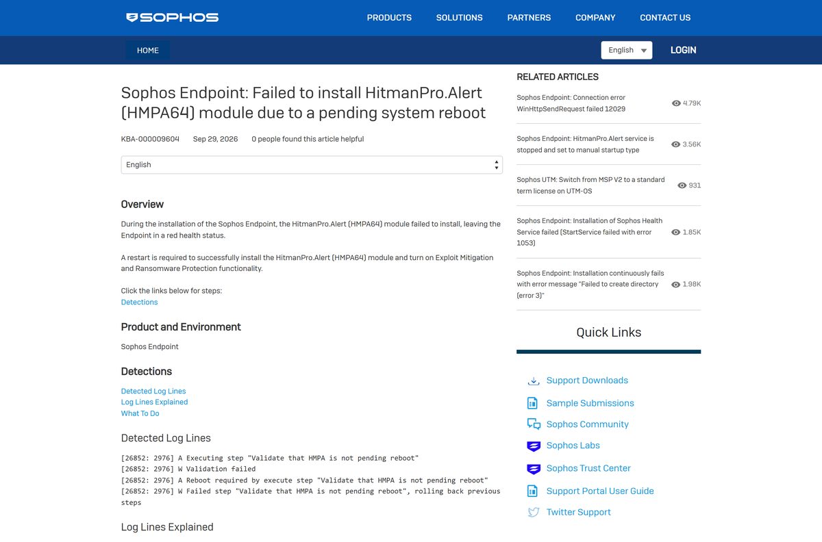 Sophos knowledge base article explaining why the HitmanPro.Alert module fails to install