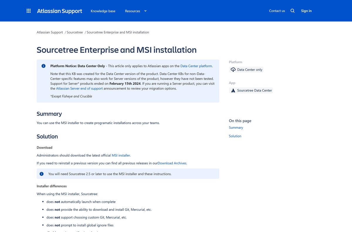 Atlassian support article on the Sourcetree Enterprise MSI installer