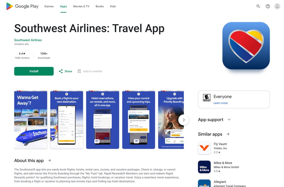 Google Play listing for Southwest Airlines with downloads and reviews