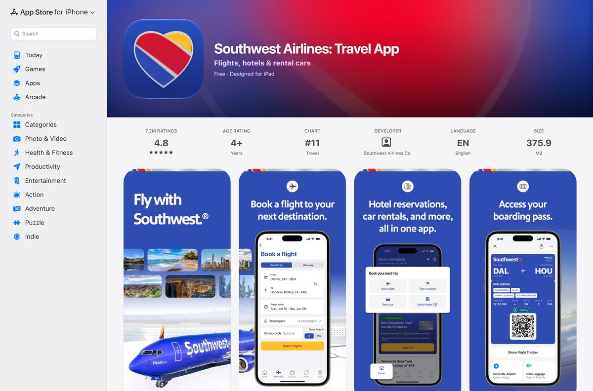 App Store page for the Southwest Airlines travel app with ratings