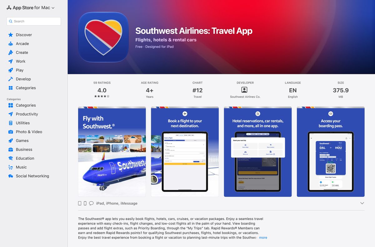 Mac App Store view of the Southwest Airlines iPad app