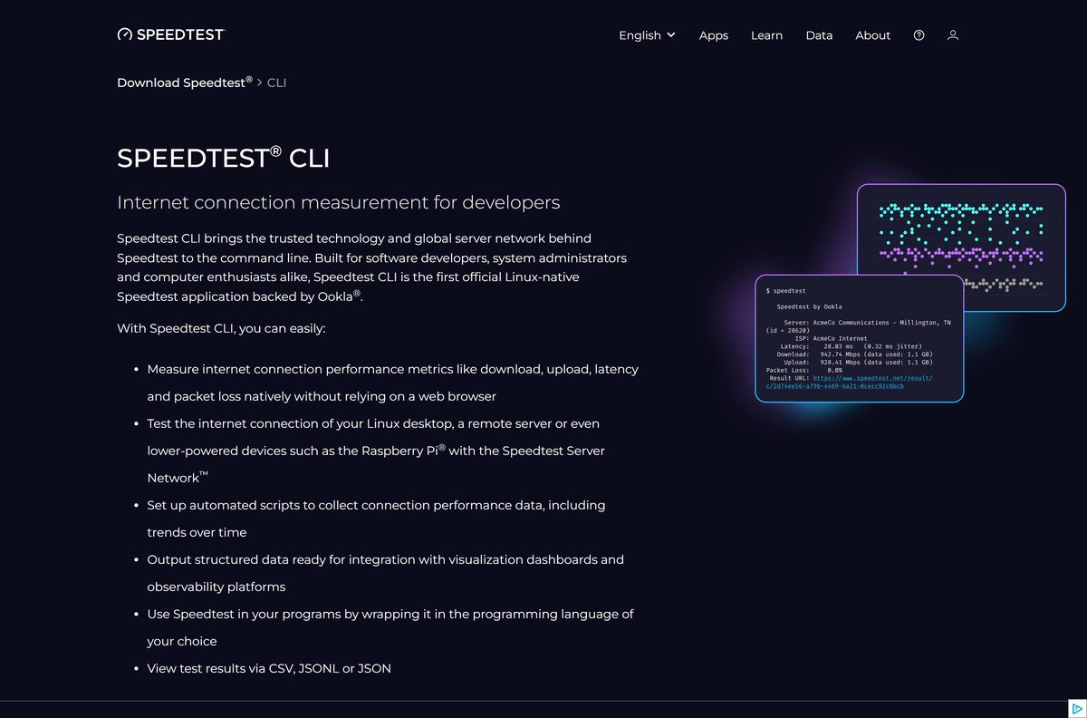Ookla command-line page showing the Homebrew install commands for macOS