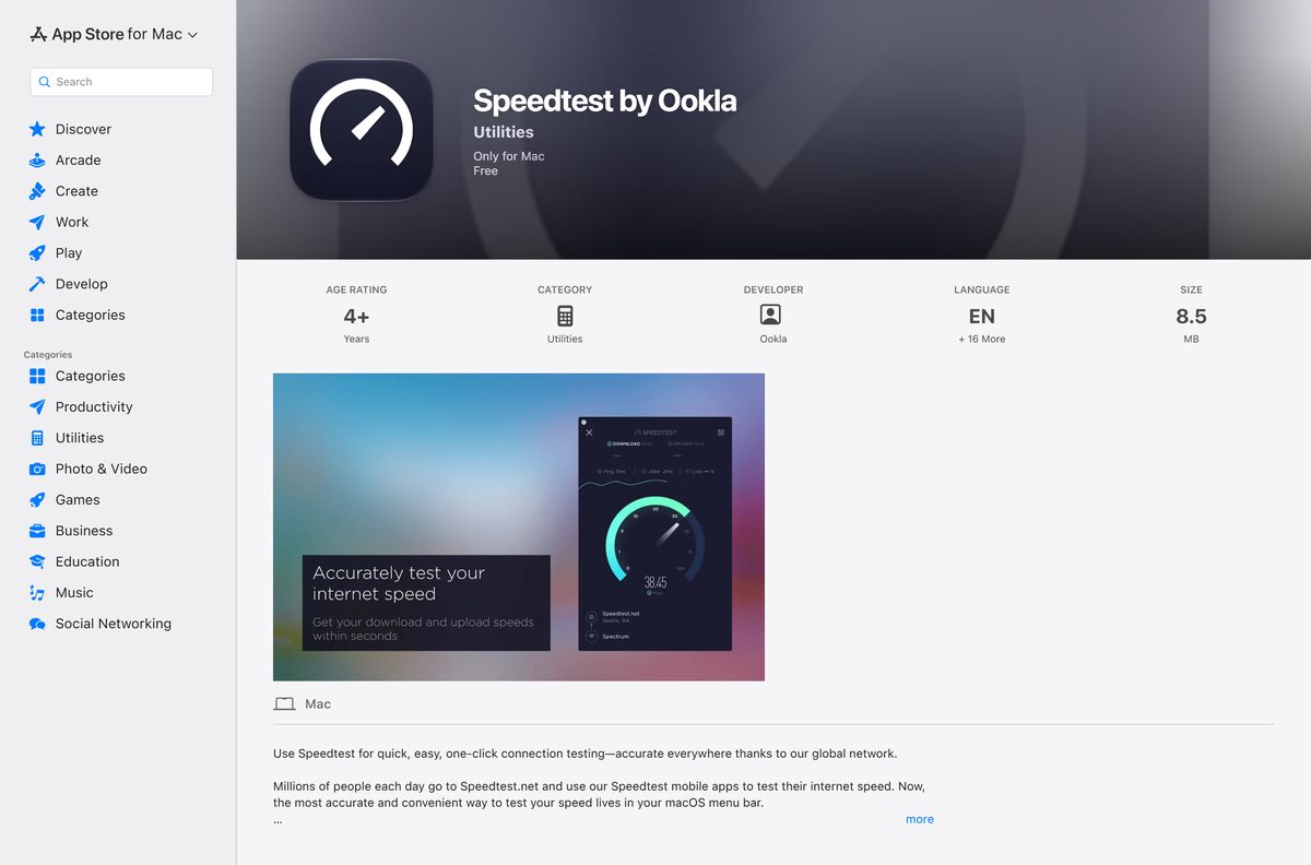 Mac App Store listing for Speedtest showing Free and its 8.5 MB size