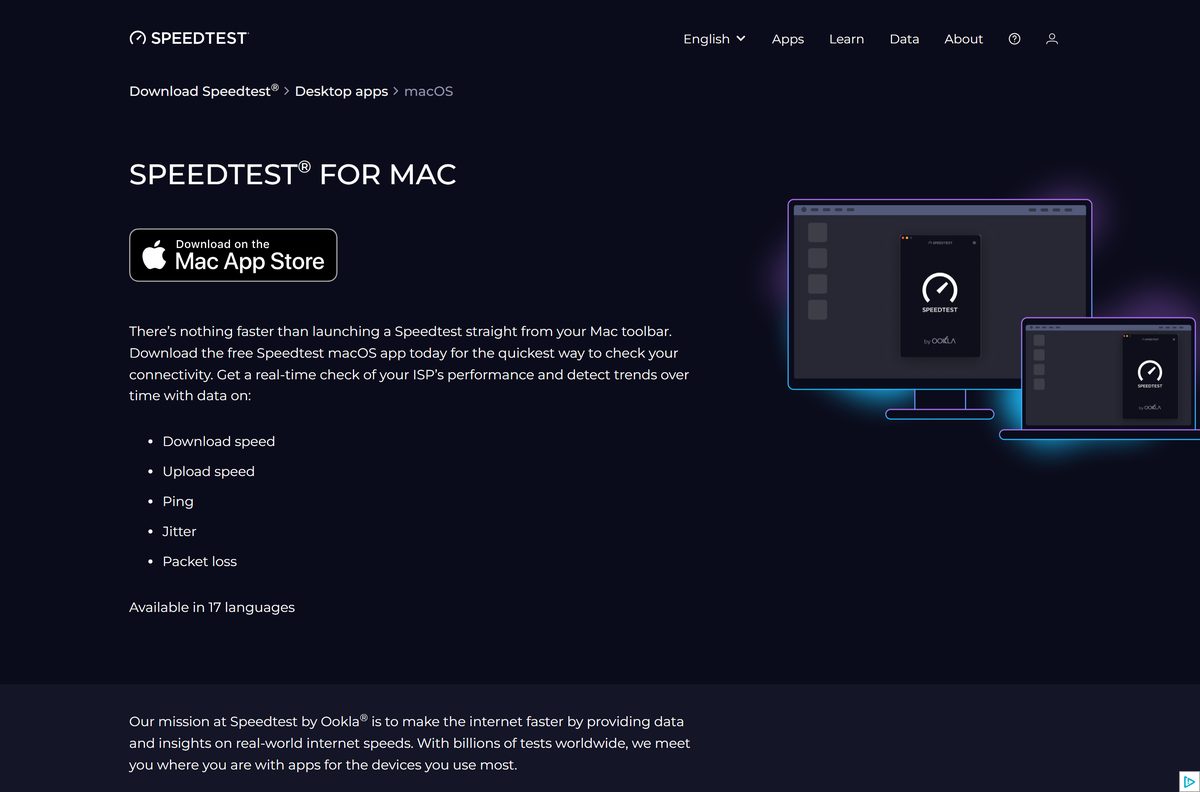 Ookla macOS page with the Mac App Store badge and metrics list
