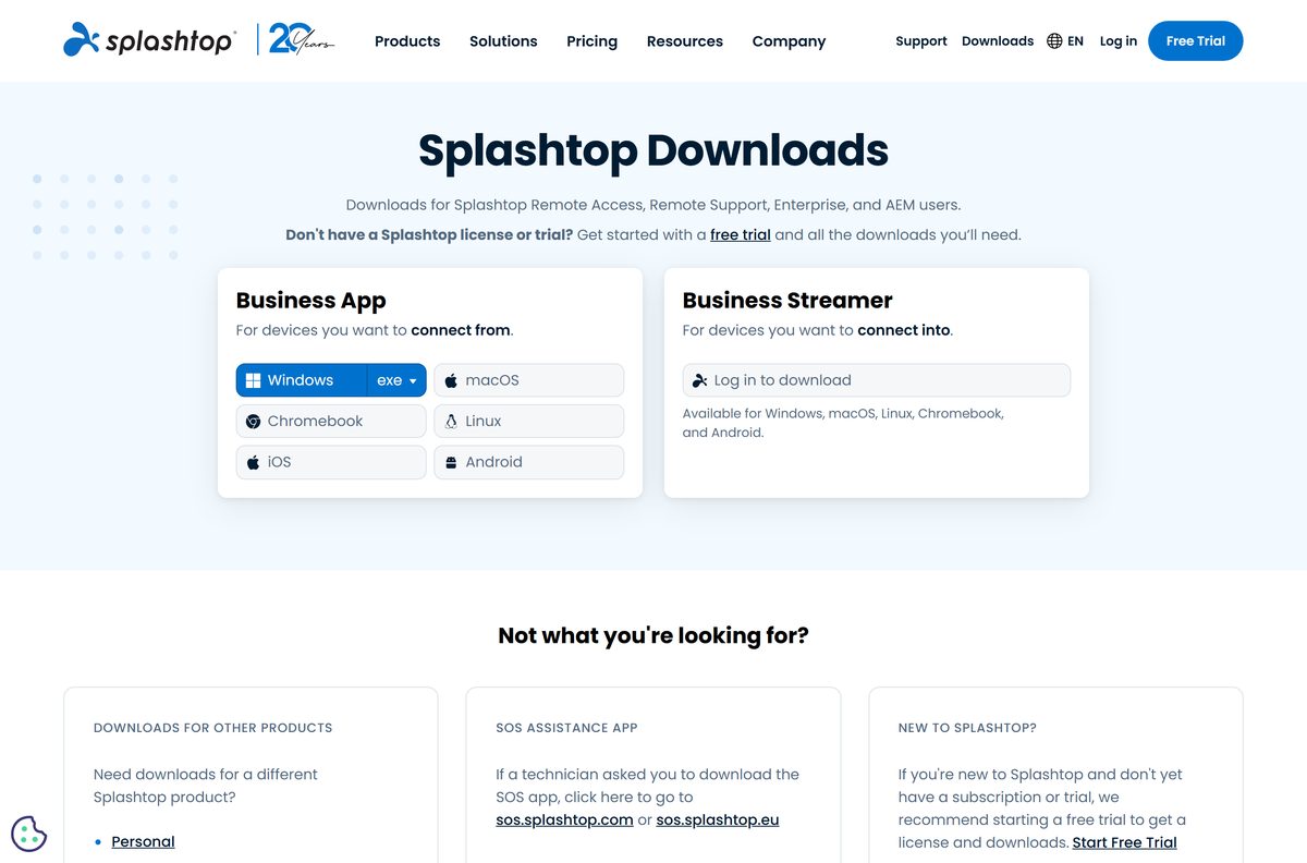 Splashtop downloads page with the Business Streamer section