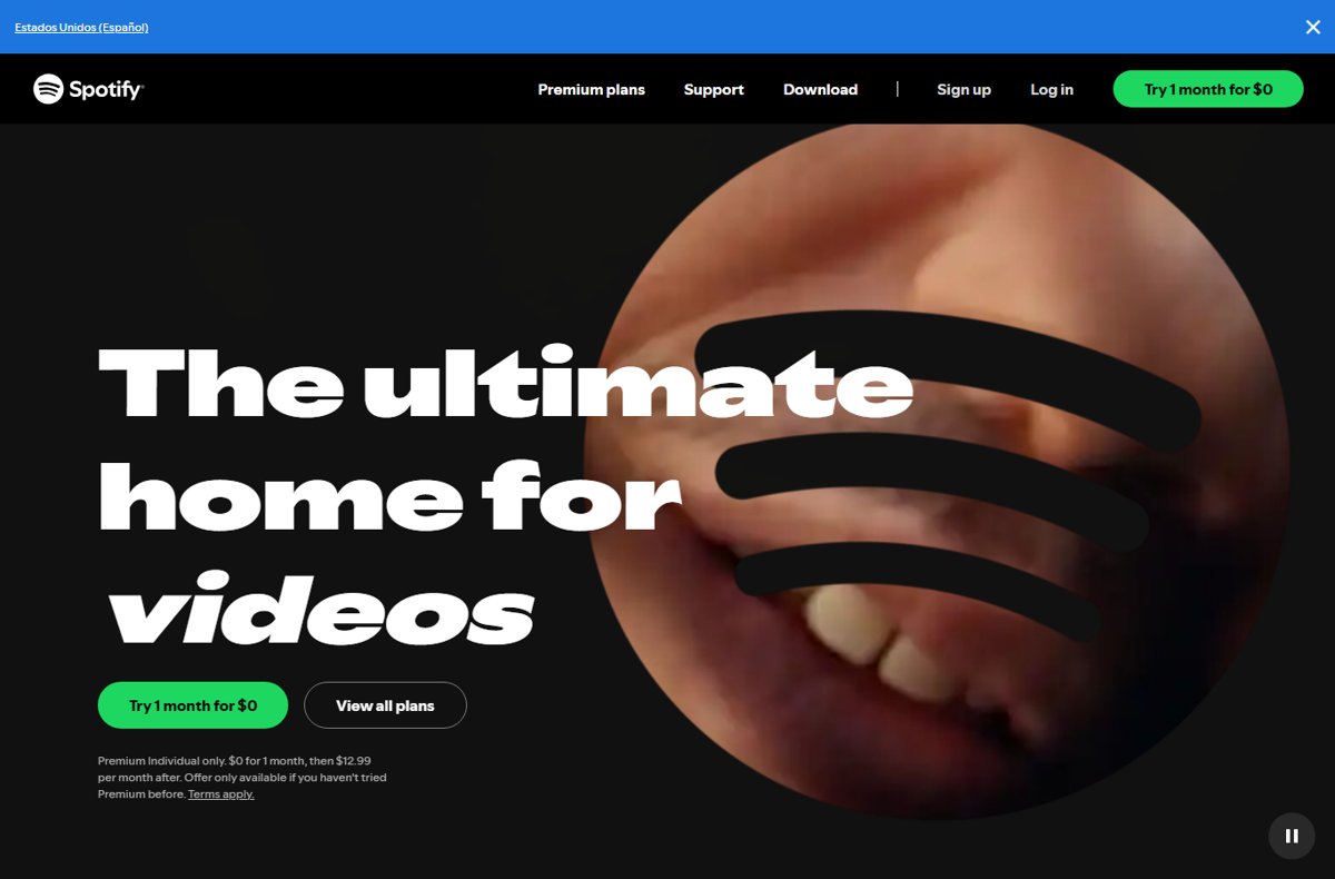 Spotify Premium page with the green Try 1 month for $0 button
