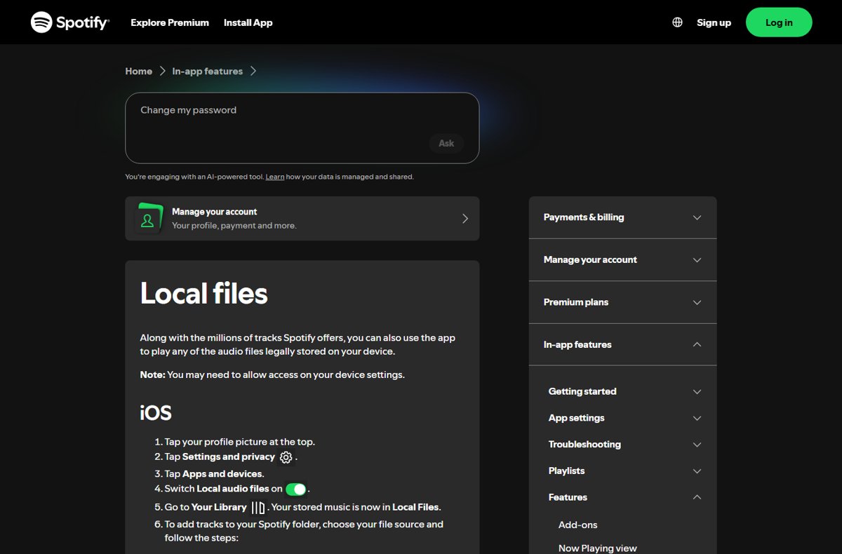 Spotify support page for Local files with iOS steps