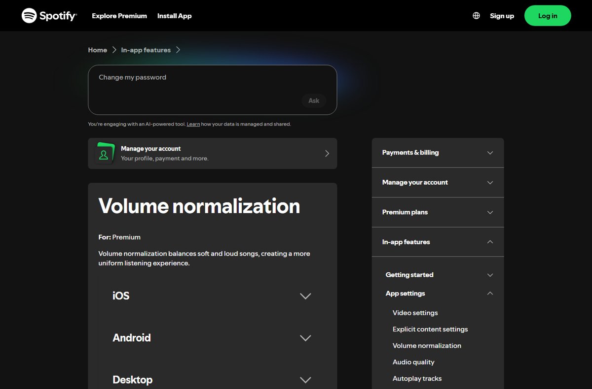 Spotify support page on volume normalization with iOS, Android and Desktop sections