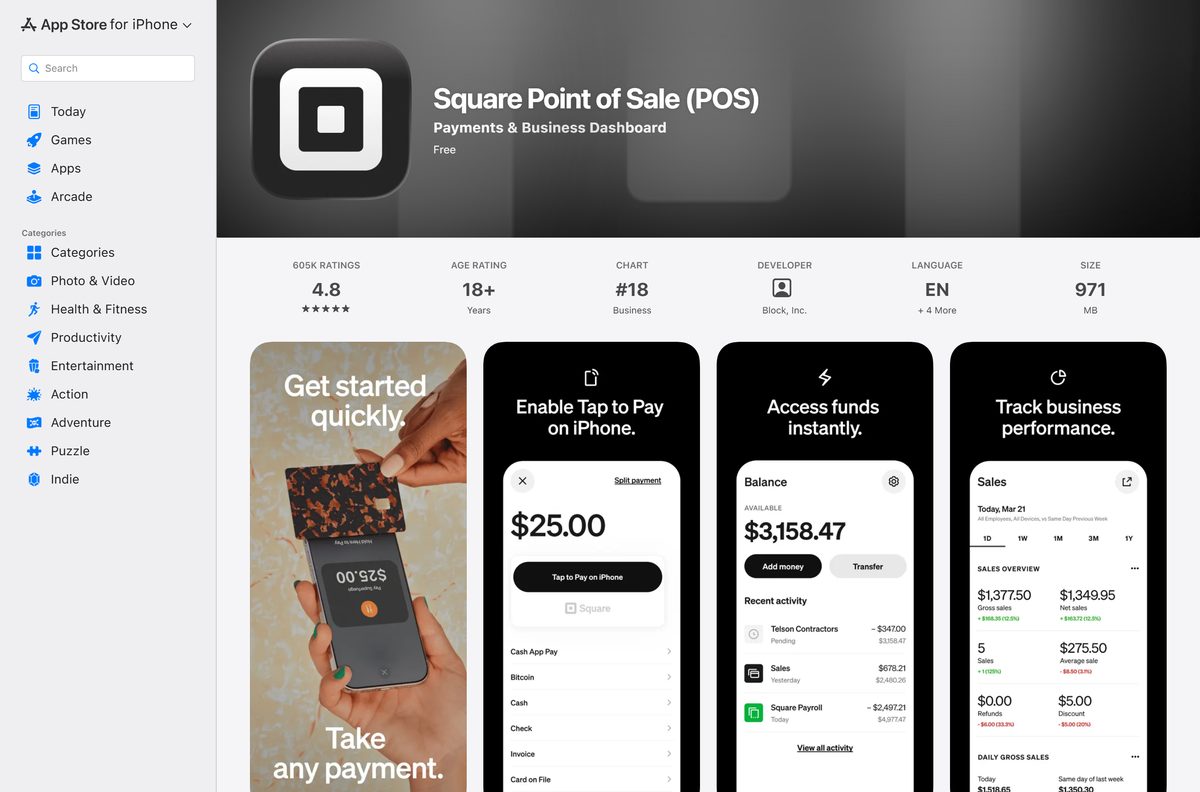 App Store page for Square Point of Sale with size and ratings