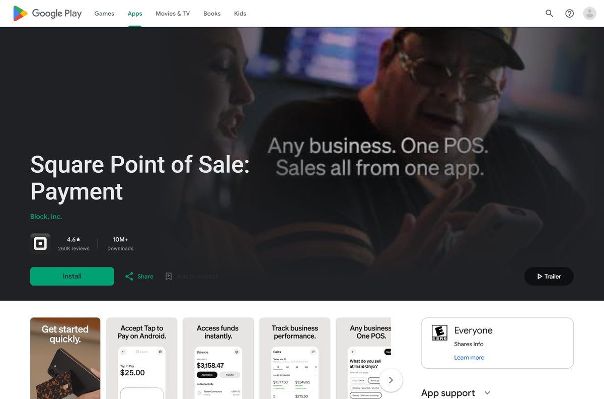 Google Play listing for Square Point of Sale with its rating