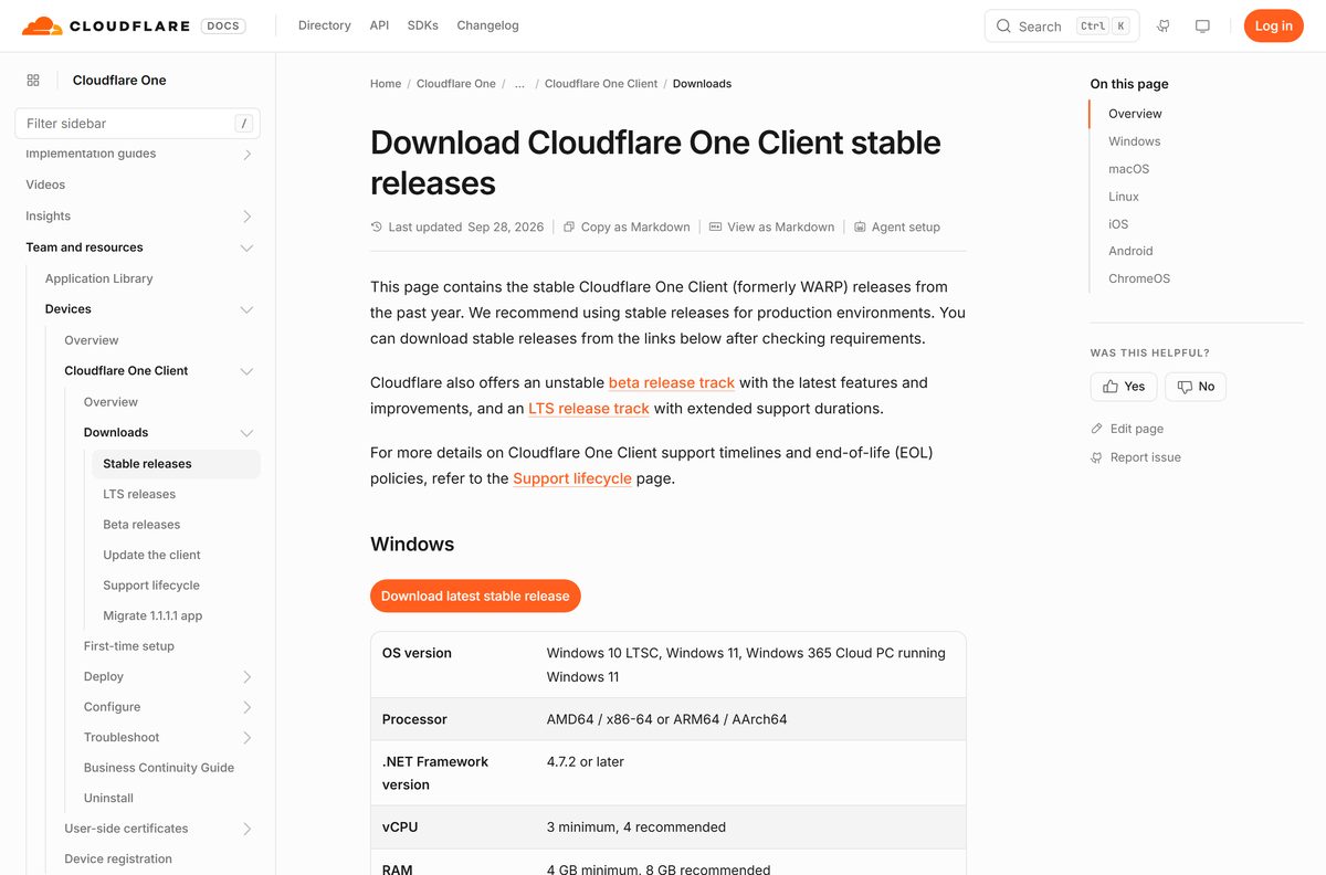 Cloudflare WARP stable release page listing Windows requirements