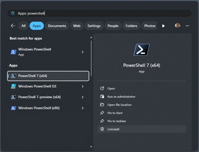 Start menu search results listing Windows PowerShell and PowerShell 7 apps