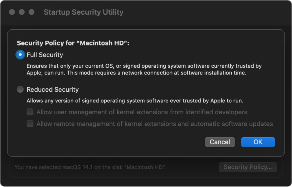 Startup Security Utility security policy options for Macintosh HD