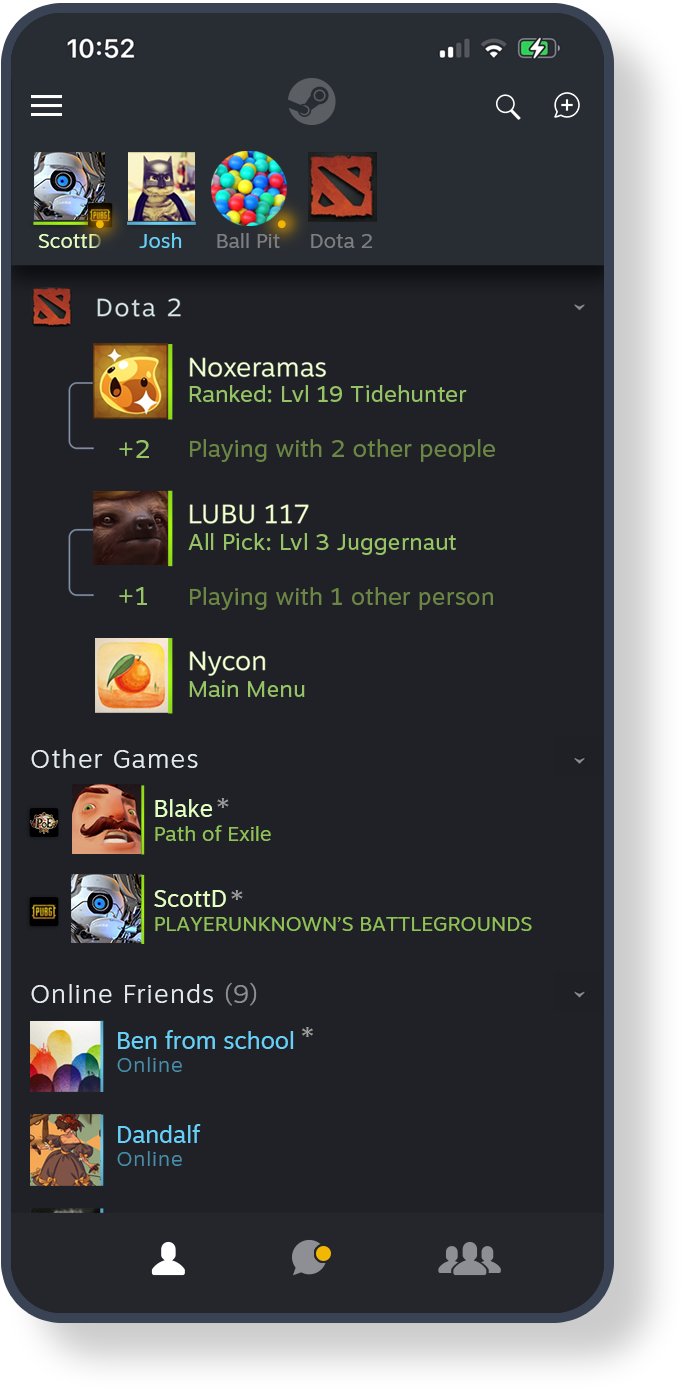 Steam Chat mobile app listing friends in games and online friends