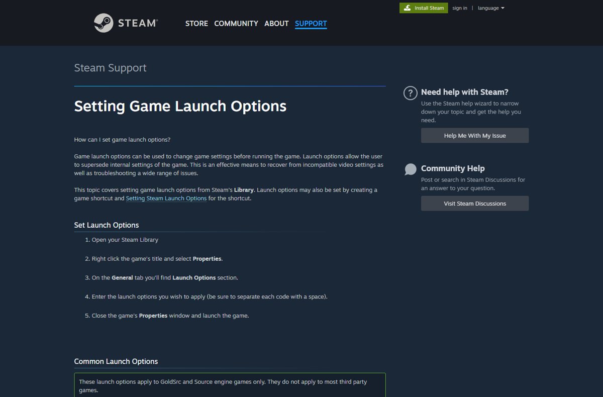 Steam Support page listing the steps to set game launch options