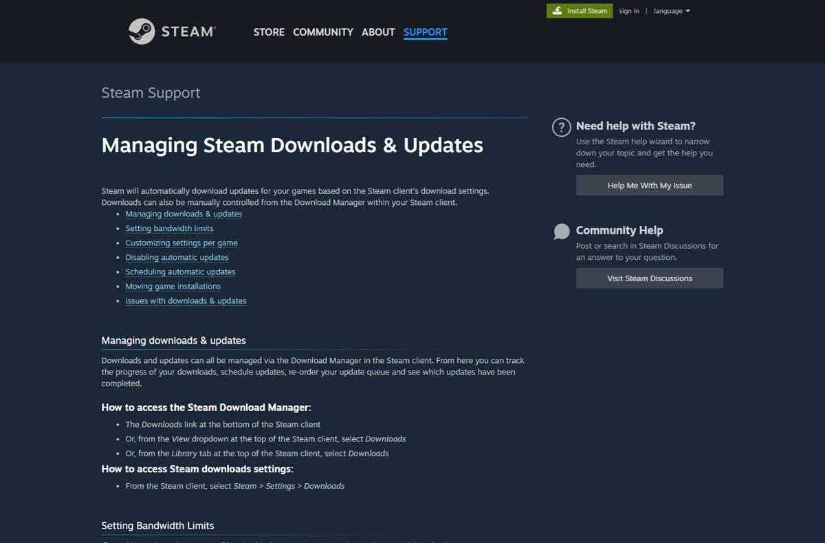 Steam Support page on managing downloads, bandwidth limits and automatic updates