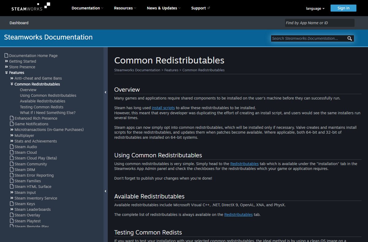 Steamworks Documentation page explaining Common Redistributables and available components