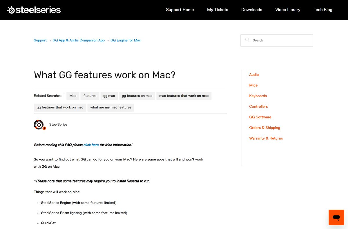 Support article listing which GG features work on Mac