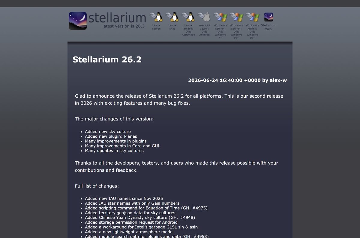 Stellarium 26.2 release notes listing new features and fixes
