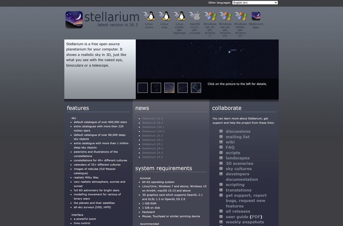 Stellarium home page with Windows, macOS and Linux download buttons