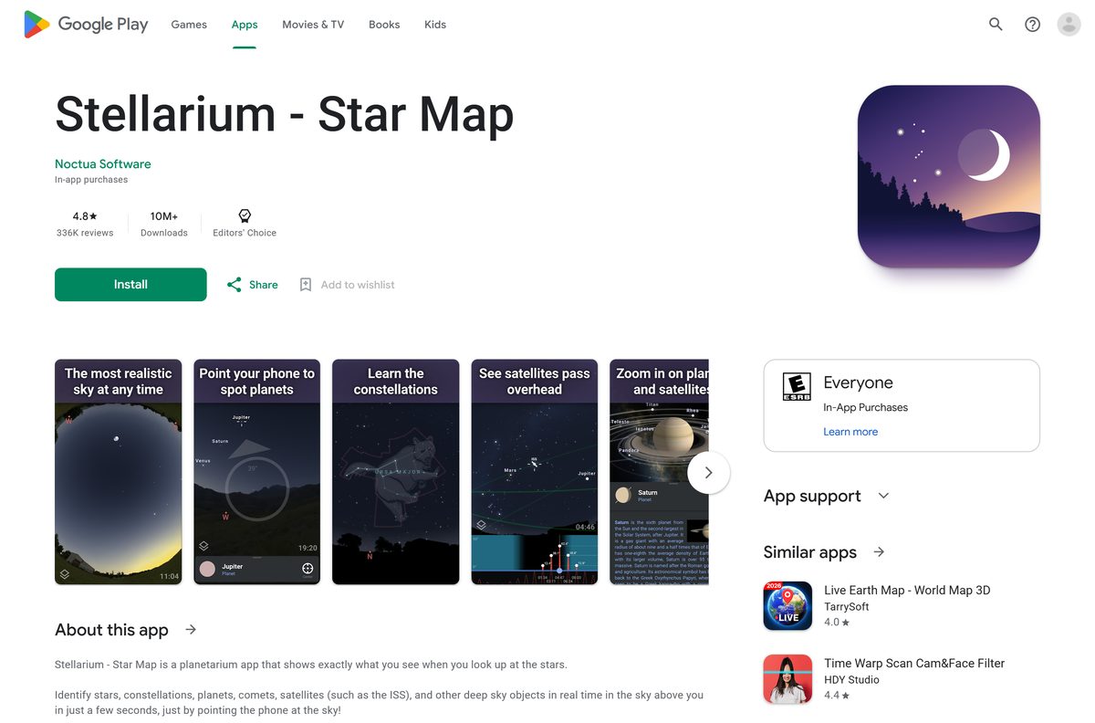 Google Play listing for Stellarium Star Map by Noctua Software