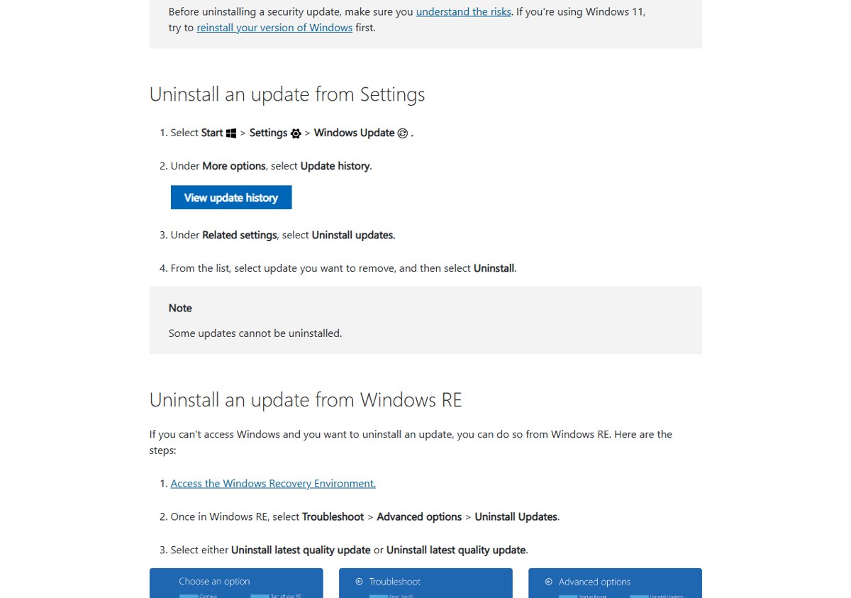 Steps to uninstall an update from Settings and from Windows RE