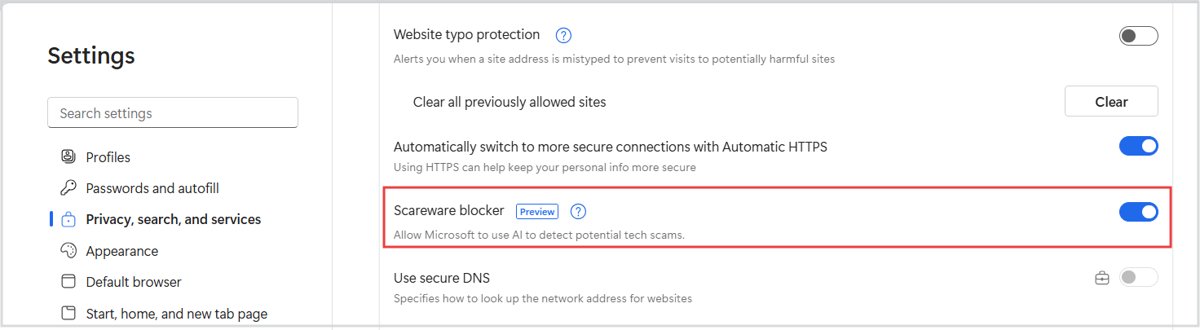 Stop McAfee virus pop-up scams in Edge with the Scareware blocker toggle