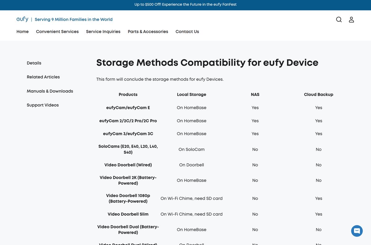 eufy Security storage table comparing local, NAS and cloud options