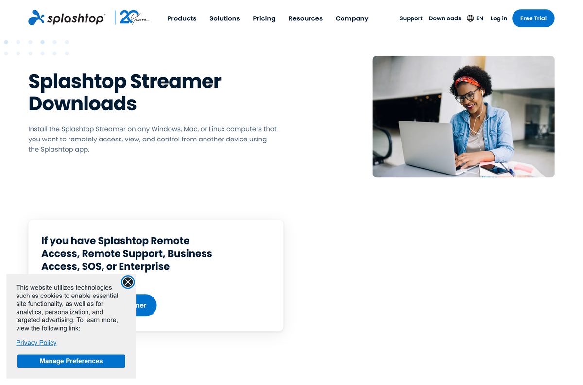 Splashtop Streamer download page with the log-in button