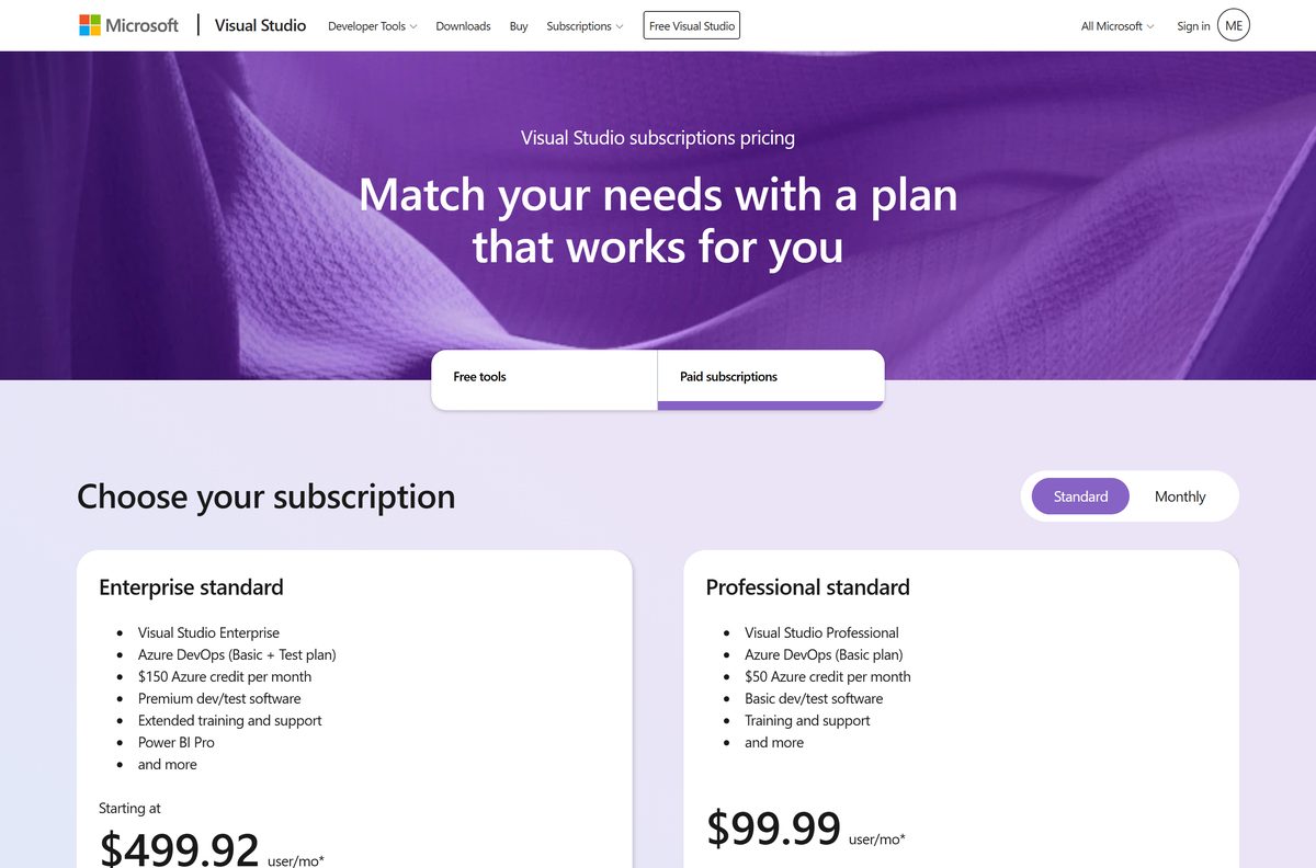 Pricing page comparing paid subscription tiers against the free tools for individuals