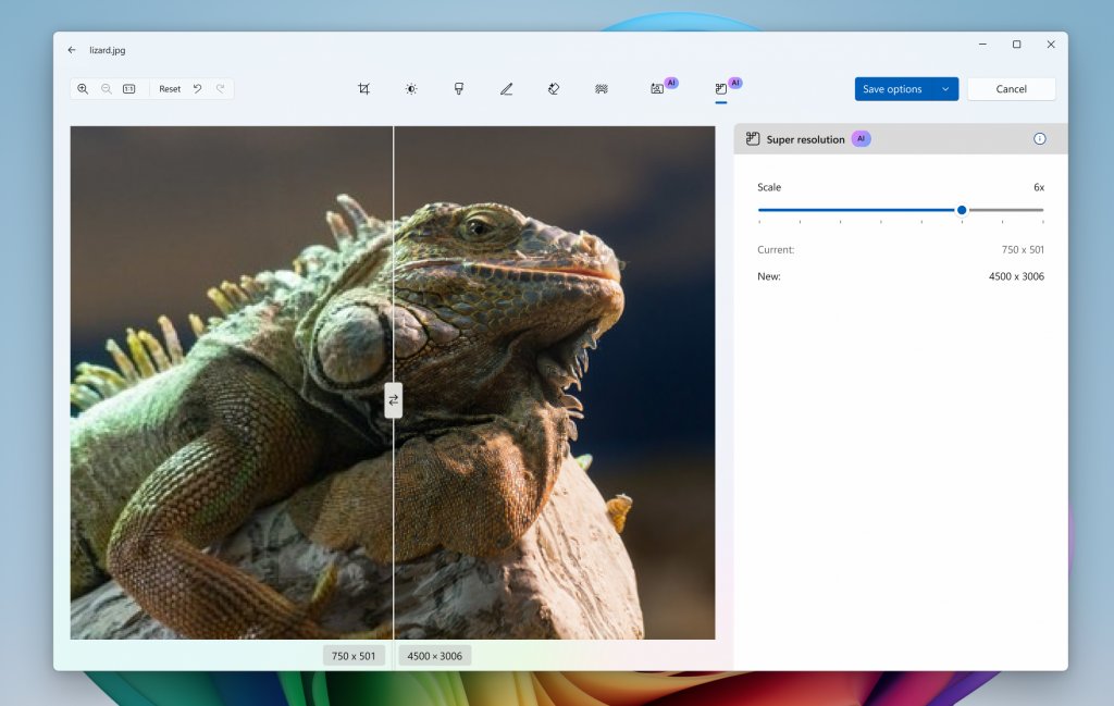 Super resolution in Microsoft Photos upscaling a low-resolution photo with a before-after slider