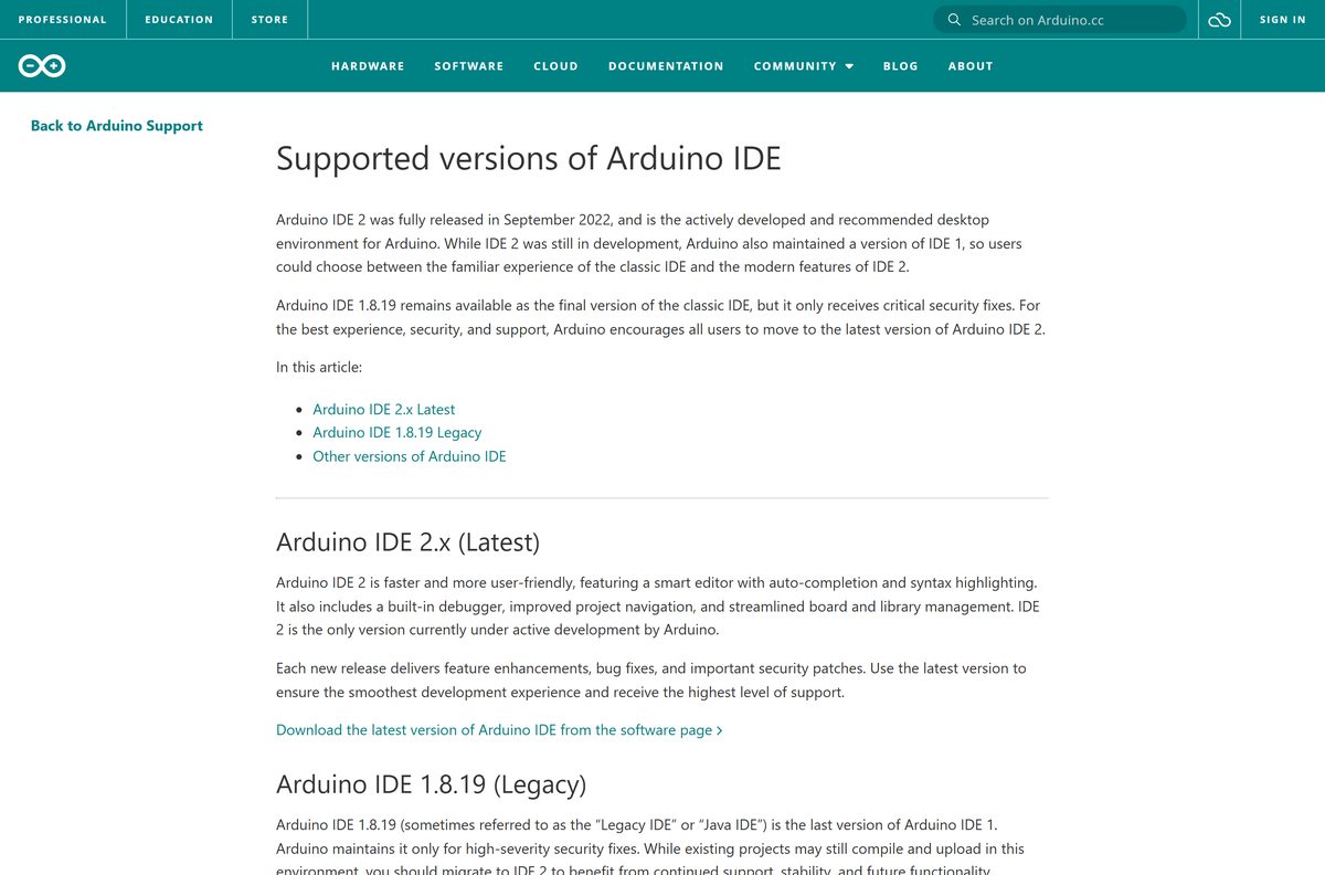 Arduino support article comparing the current release with the legacy branch