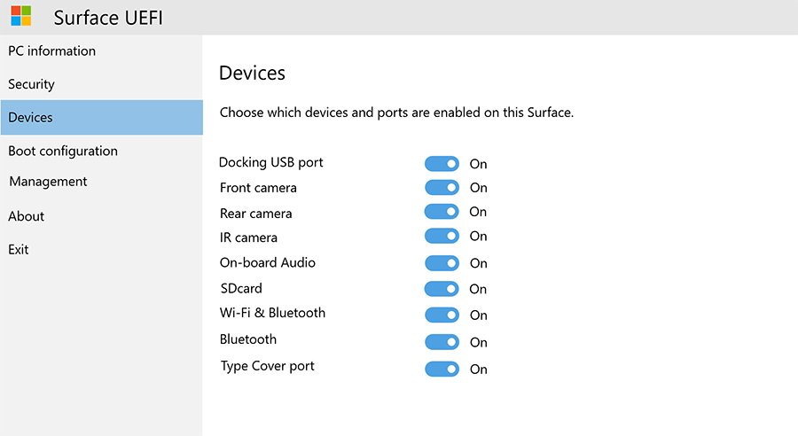Surface UEFI Devices page with On-board Audio and other ports switched on
