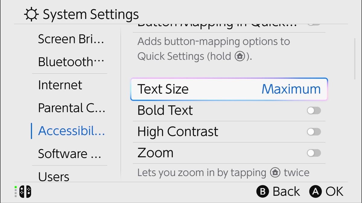 Switch 2 Accessibility settings with Text Size, Bold Text, High Contrast and Zoom