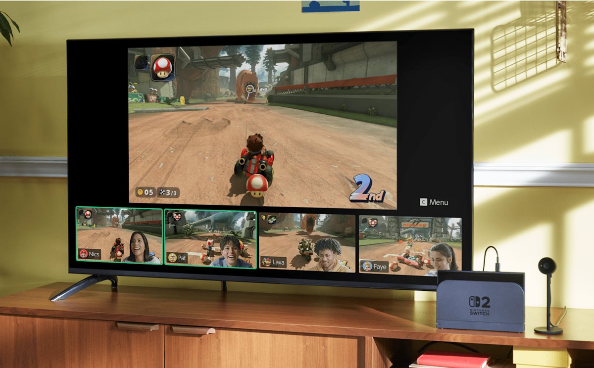 Switch 2 GameChat on a TV with players' game screens shown along the bottom
