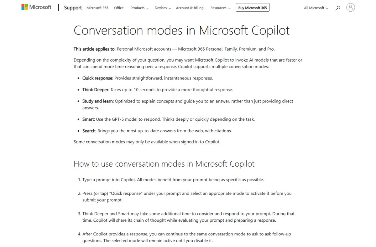 Switch Microsoft Copilot conversation modes such as Think Deeper and Smart