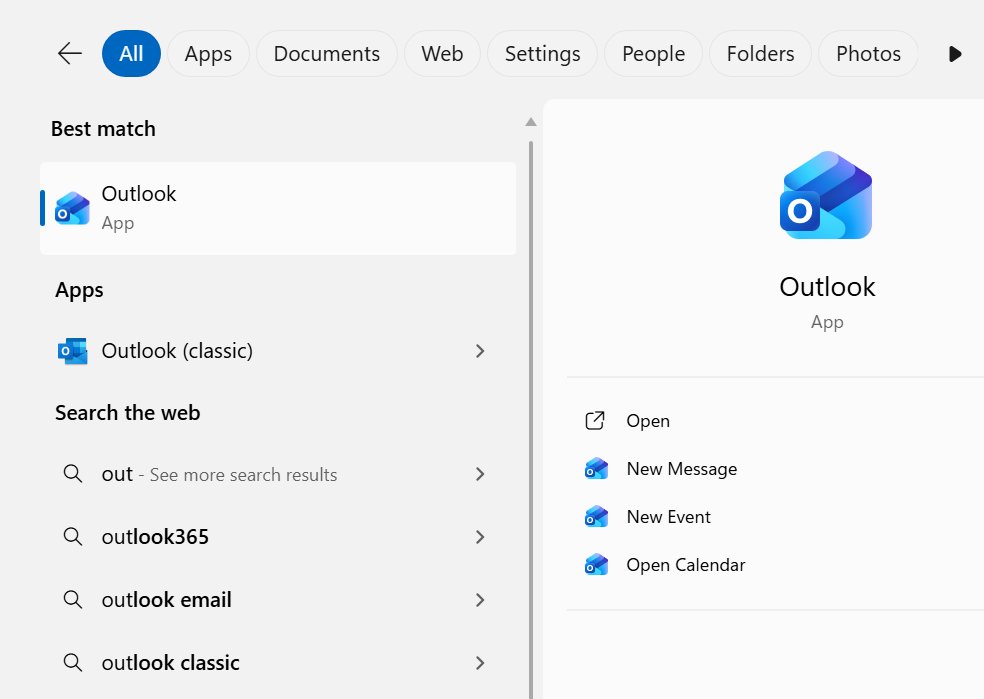 Switch from Outlook new to classic by opening Outlook (classic) in Windows search