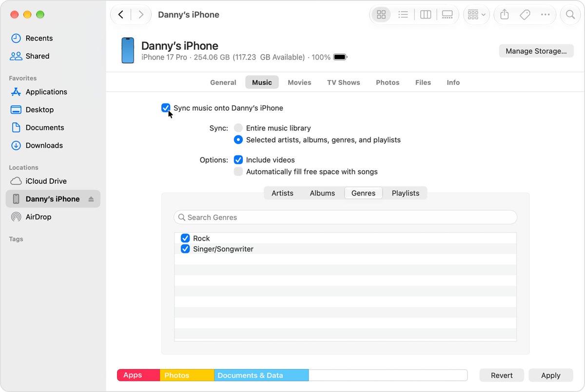 Sync iPhone with Finder on Mac using the Music tab options